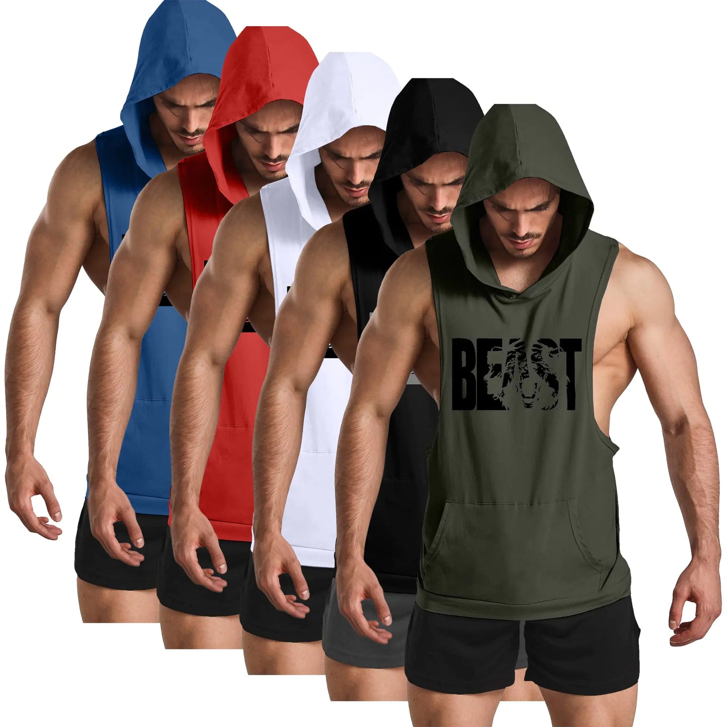 Men's 5 Pack Workout Muscle Printed Tank Tops Gym Fitness Sleeveless Hoodies Black White Red Blue Green