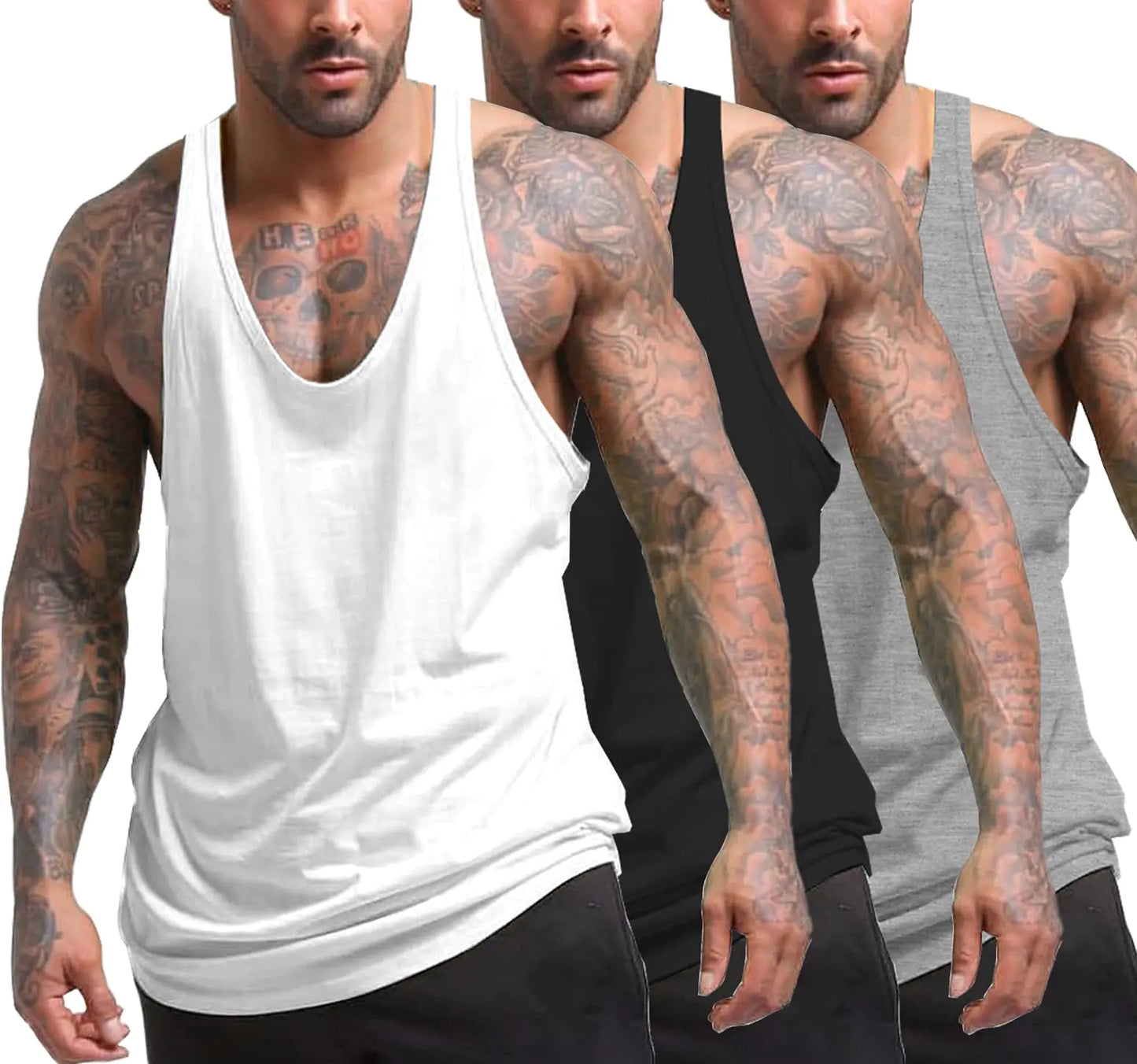 Men's 3-Pack Y-Back Gym Tank Tops Fitness Bodybuilding Tees