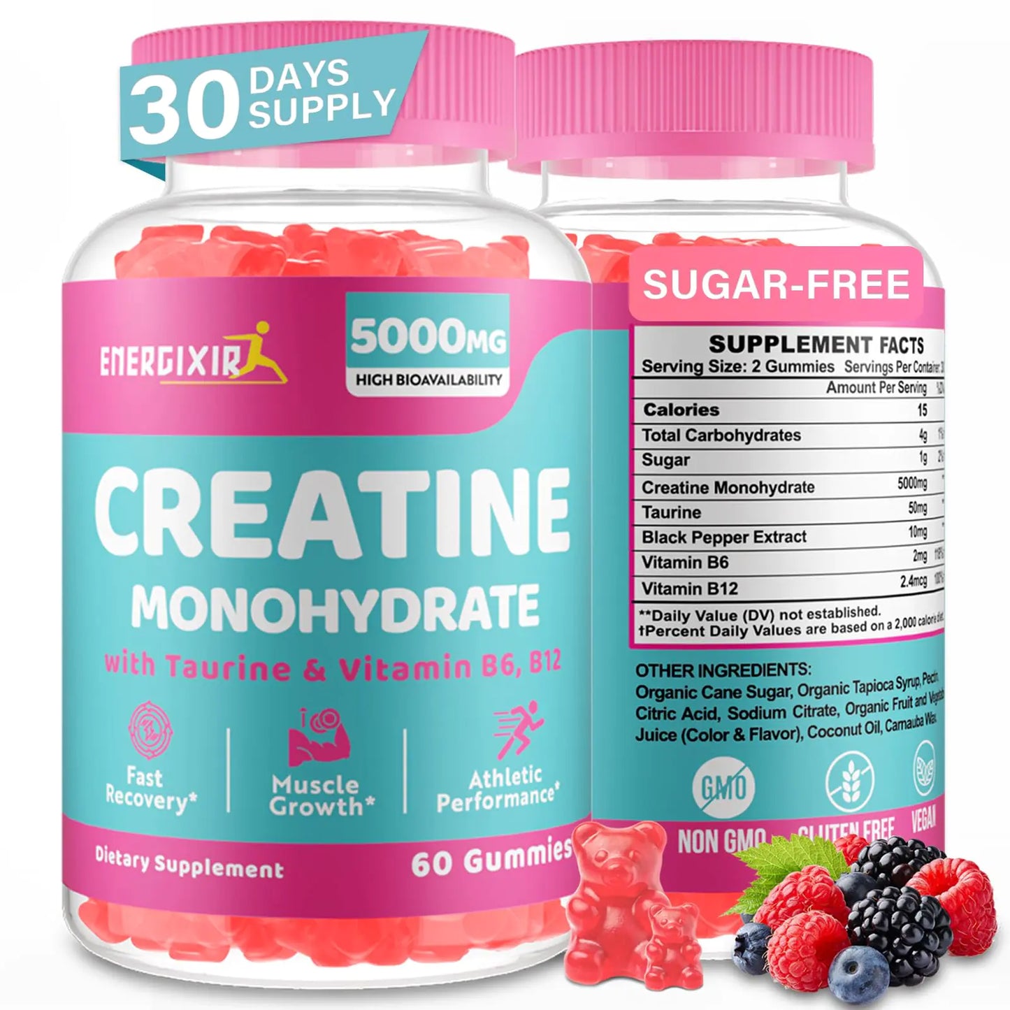 Creatine Monohydrate Gummies Creatine for Women Creatine Pre Workout Chewables Supplement 5000mg with Taurine & B6 - for Muscle Recovery Strength Energy & Endurance and Performance - 60 Count