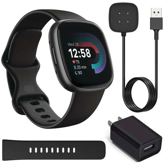 Fitbit Versa 4 Health and Fitness Smart Watch (Black/Graphite) with GPS 6 Day Battery Life S & L Bands Bundle with Wall Adapter