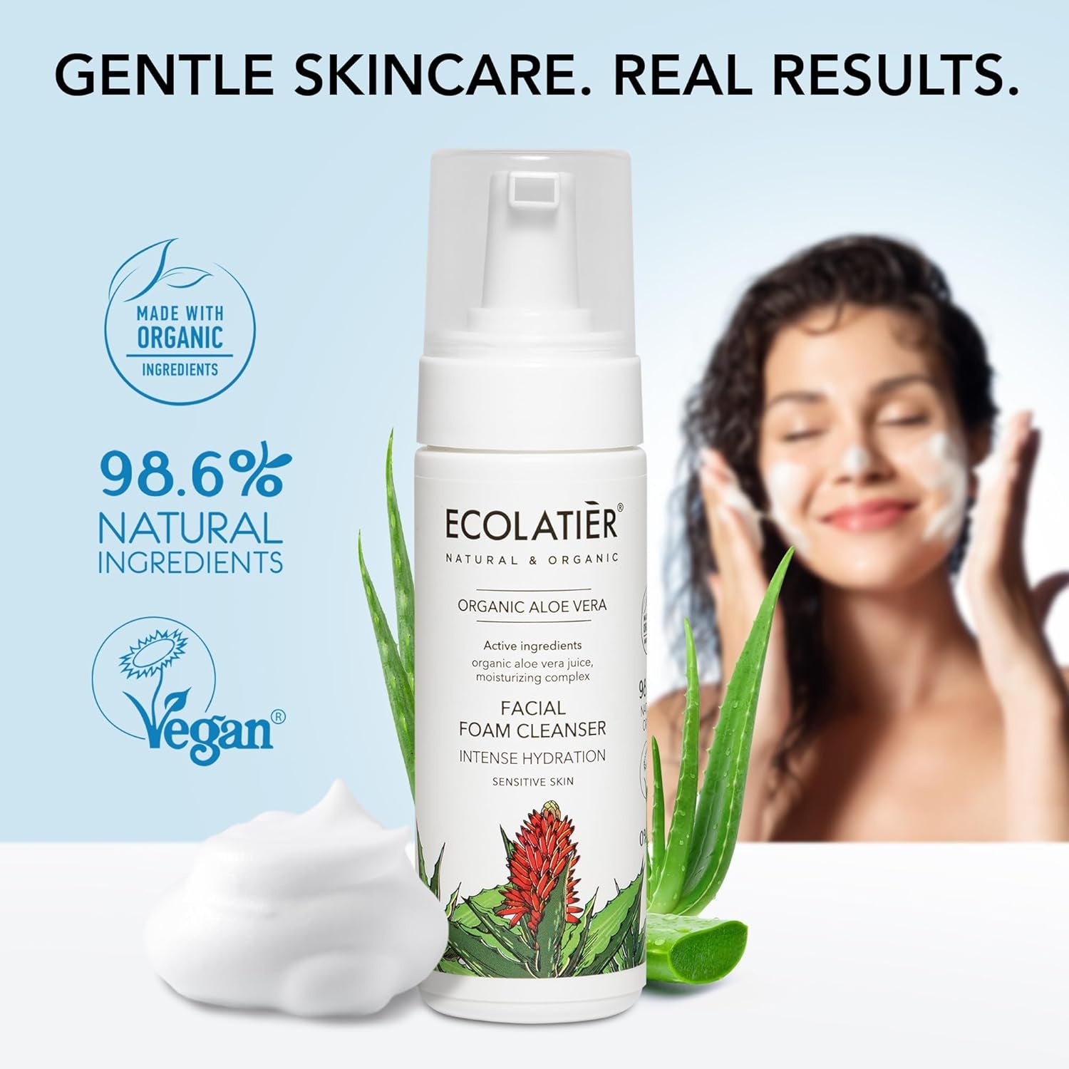 Foaming Facial Cleanser with Organic Aloe Vera, 98.6% Natural, Vegan Face Wash for Women, Gentle Hydrating Cleanser for Sensitive Skin, Removes Makeup & Impurities, 5.1 Fl Oz