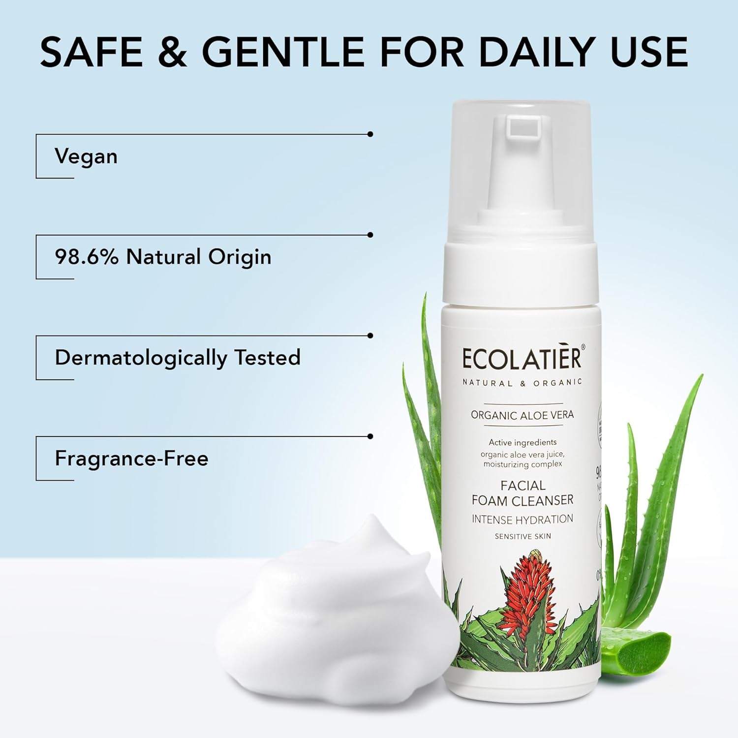 Foaming Facial Cleanser with Organic Aloe Vera, 98.6% Natural, Vegan Face Wash for Women, Gentle Hydrating Cleanser for Sensitive Skin, Removes Makeup & Impurities, 5.1 Fl Oz